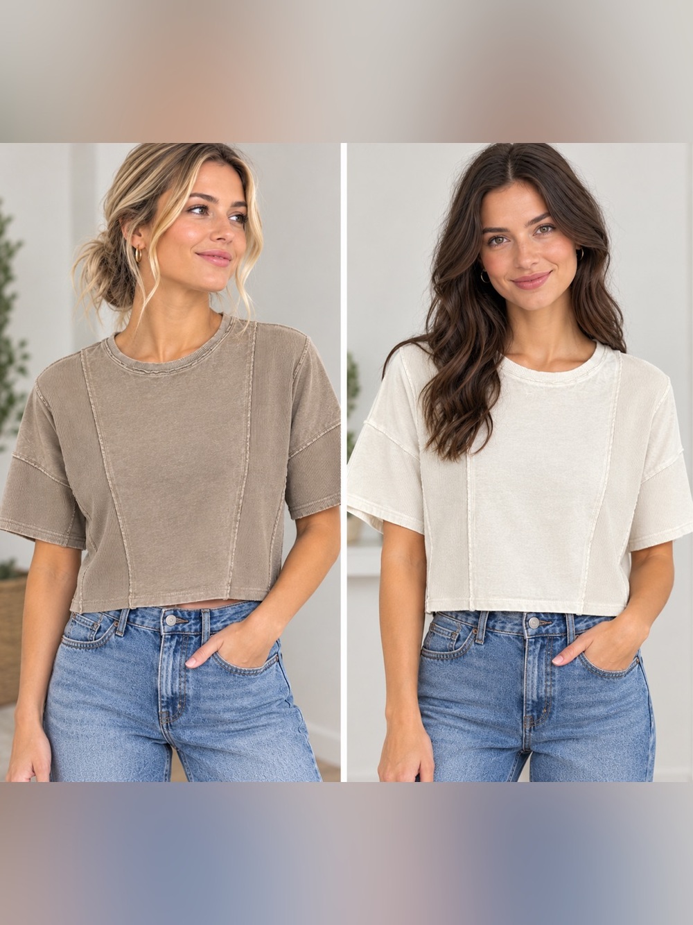 aerie Two-Pack Cropped Panel Tees in White & Tan Oversized XS
